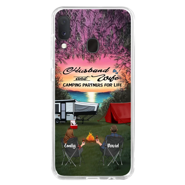 Custom Personalized Camping Phone Case - Couple With Upto 3 Kids And 4 Pets - Gift Idea For Camping Lover - Husband And Wife Camping Partners For Life - Case For iPhone And Samsung