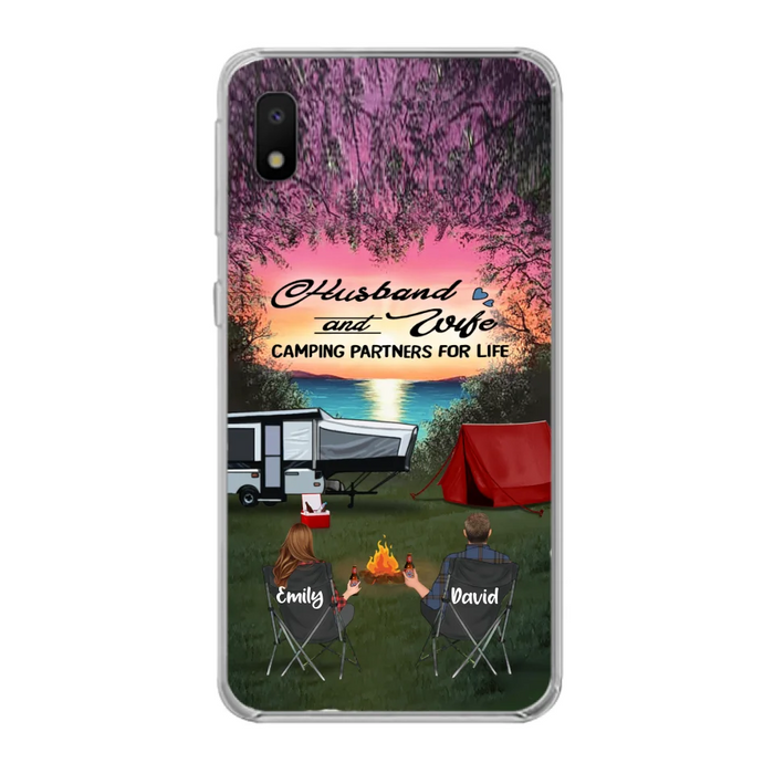 Custom Personalized Camping Phone Case - Couple With Upto 3 Kids And 4 Pets - Gift Idea For Camping Lover - Husband And Wife Camping Partners For Life - Case For iPhone And Samsung