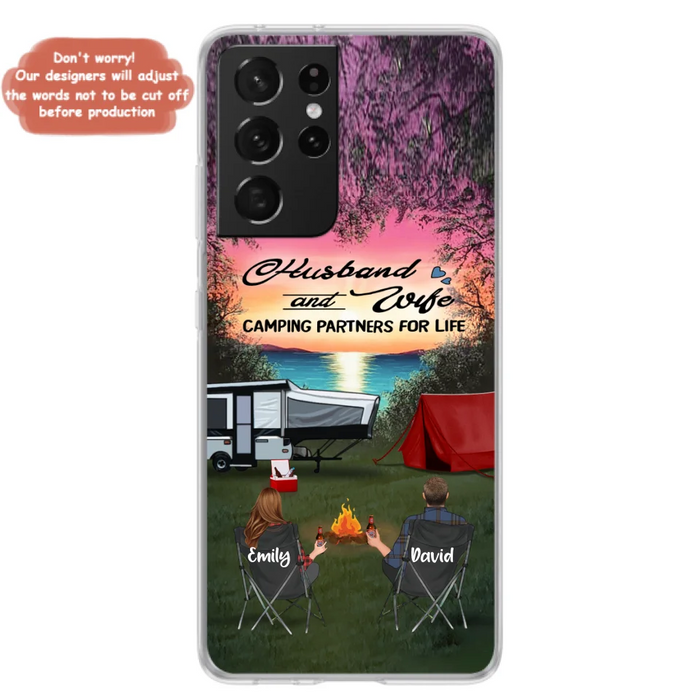 Custom Personalized Camping Phone Case - Couple With Upto 3 Kids And 4 Pets - Gift Idea For Camping Lover - Husband And Wife Camping Partners For Life - Case For iPhone And Samsung