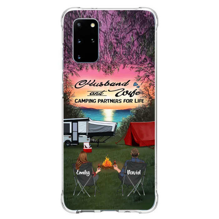 Custom Personalized Camping Phone Case - Couple With Upto 3 Kids And 4 Pets - Gift Idea For Camping Lover - Husband And Wife Camping Partners For Life - Case For iPhone And Samsung