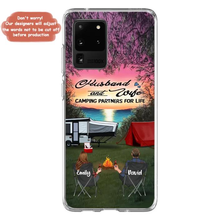 Custom Personalized Camping Phone Case - Couple With Upto 3 Kids And 4 Pets - Gift Idea For Camping Lover - Husband And Wife Camping Partners For Life - Case For iPhone And Samsung