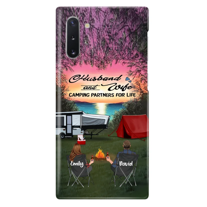 Custom Personalized Camping Phone Case - Couple With Upto 3 Kids And 4 Pets - Gift Idea For Camping Lover - Husband And Wife Camping Partners For Life - Case For iPhone And Samsung