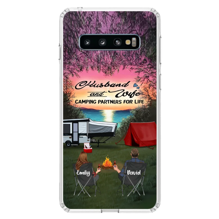 Custom Personalized Camping Phone Case - Couple With Upto 3 Kids And 4 Pets - Gift Idea For Camping Lover - Husband And Wife Camping Partners For Life - Case For iPhone And Samsung