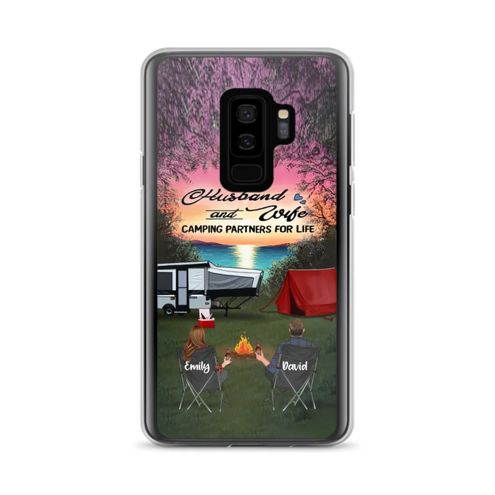 Custom Personalized Camping Phone Case - Couple With Upto 3 Kids And 4 Pets - Gift Idea For Camping Lover - Husband And Wife Camping Partners For Life - Case For iPhone And Samsung