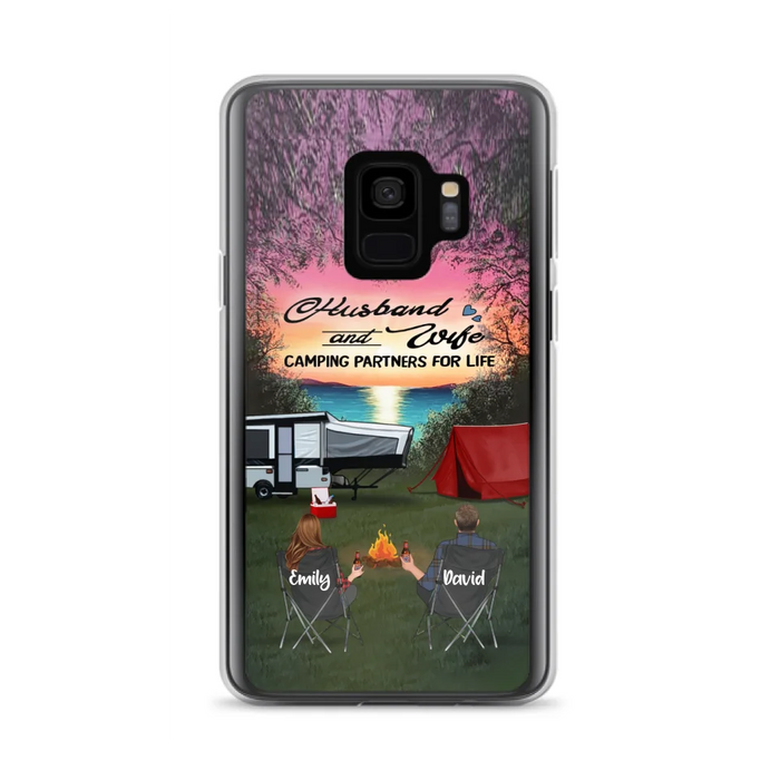 Custom Personalized Camping Phone Case - Couple With Upto 3 Kids And 4 Pets - Gift Idea For Camping Lover - Husband And Wife Camping Partners For Life - Case For iPhone And Samsung