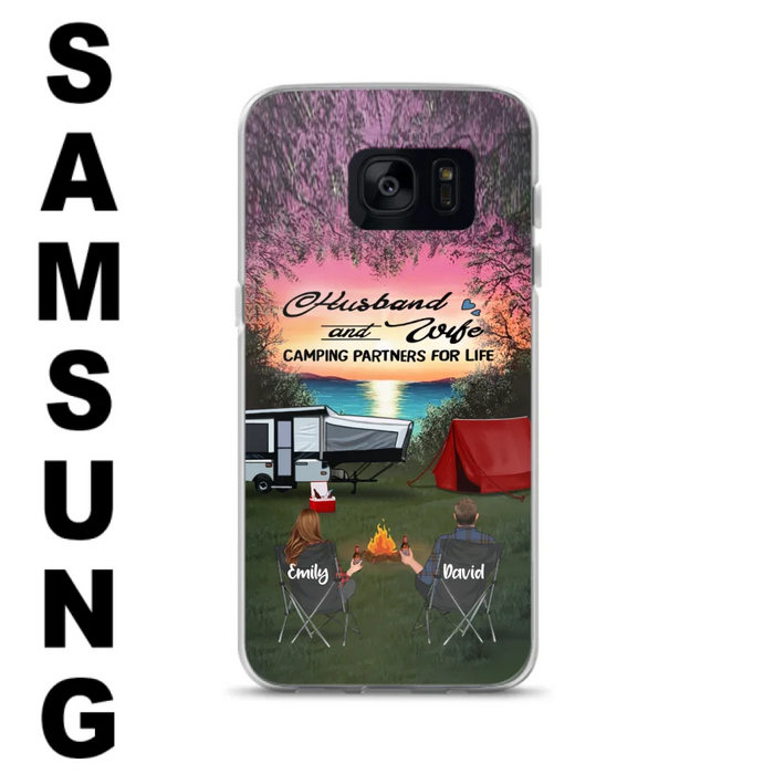 Custom Personalized Camping Phone Case - Couple With Upto 3 Kids And 4 Pets - Gift Idea For Camping Lover - Husband And Wife Camping Partners For Life - Case For iPhone And Samsung