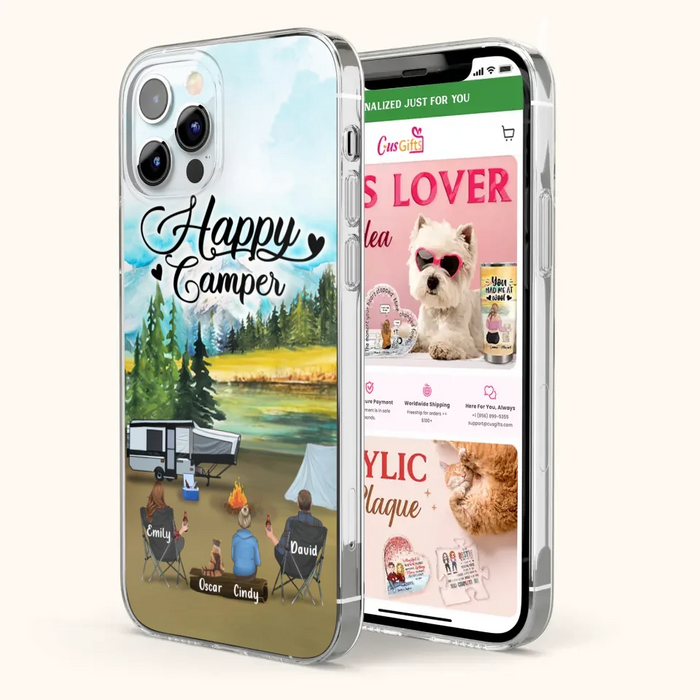 Custom Personalized Camping Phone Case - Parents With 1 Kid And 1 Pet - Best Gift For Family - Happy Camper - Case For iPhone And Samsung