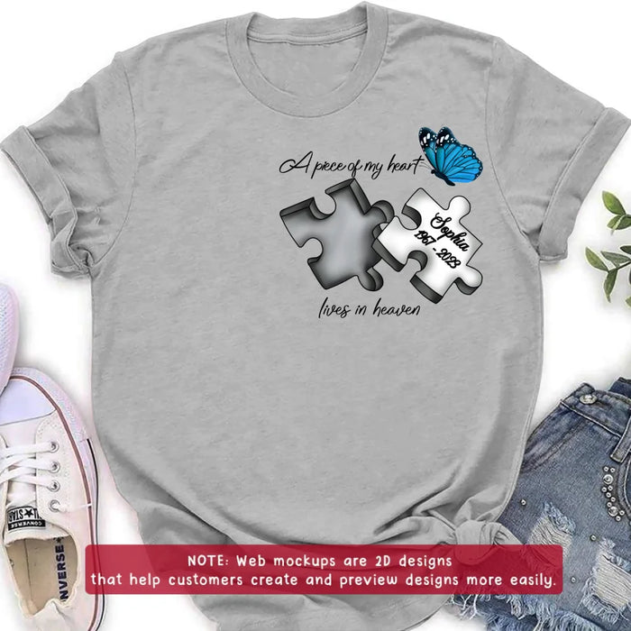 Custom Personalized Memorial Embroidered T-Shirt/ Hoodie/ Sweater - Upto 5 Puzzles - Memorial Gift for Mother's Day/Father's Day - A Piece Of My Heart Lives In Heaven