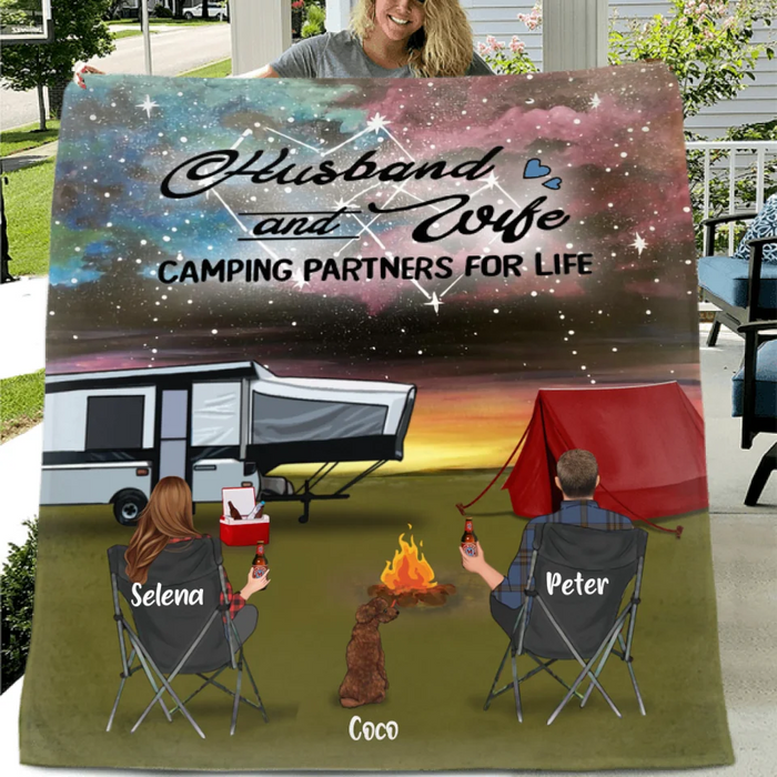 Custom Personalized Night Camping Quilt/Fleece Blanket & Pillow Cover - Gift Idea For Dog/Cat Lovers/Camping Lovers - Camping Partners For Life