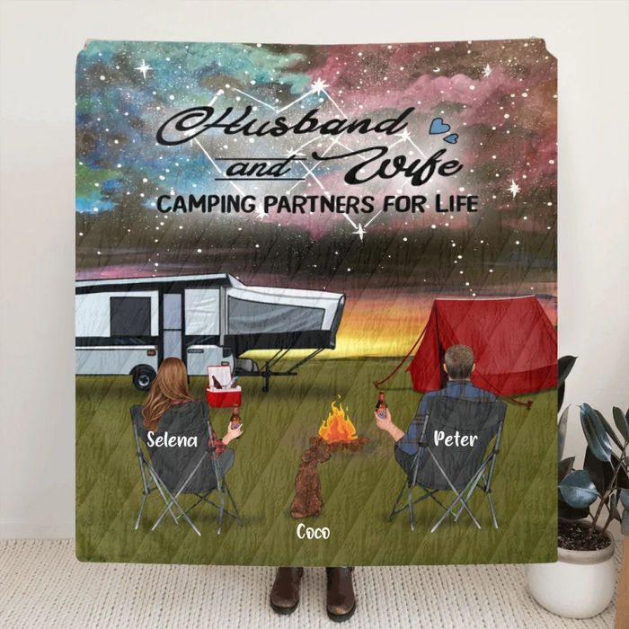 Custom Personalized Night Camping Quilt/Fleece Blanket & Pillow Cover - Gift Idea For Dog/Cat Lovers/Camping Lovers - Camping Partners For Life