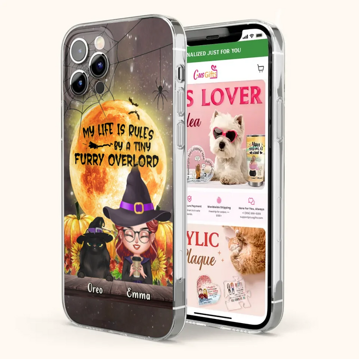 Custom Personalized Cat Witch Phone Case - Upto 5 Cats - Halloween Gift Idea For Cat Lovers - My Life Is Ruled By A Tiny Furry Overlord - Case For iPhone And Samsung