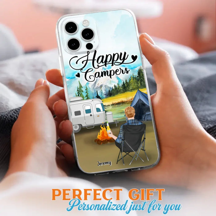 Personalized Camping Phone Case- Single Parent/ Couple With Upto 3 Dogs - Happy Campers - Phone Case For iPhone And Samsung