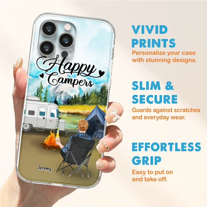 Personalized Camping Phone Case- Single Parent/ Couple With Upto 3 Dogs - Happy Campers - Phone Case For iPhone And Samsung