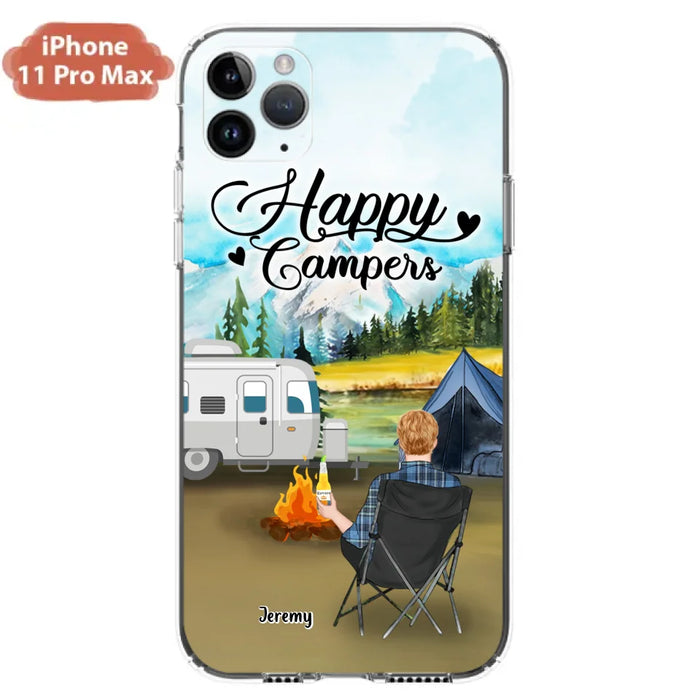 Personalized Camping Phone Case- Single Parent/ Couple With Upto 3 Dogs - Happy Campers - Phone Case For iPhone And Samsung