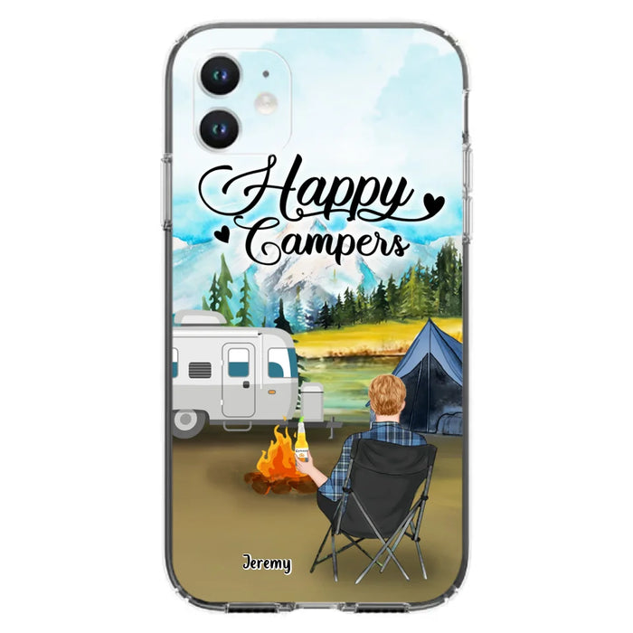 Personalized Camping Phone Case- Single Parent/ Couple With Upto 3 Dogs - Happy Campers - Phone Case For iPhone And Samsung