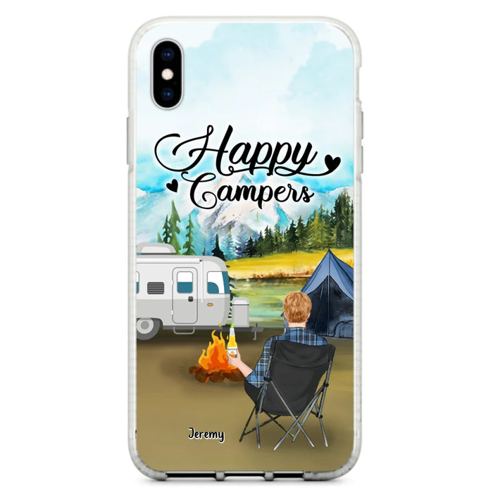 Personalized Camping Phone Case- Single Parent/ Couple With Upto 3 Dogs - Happy Campers - Phone Case For iPhone And Samsung