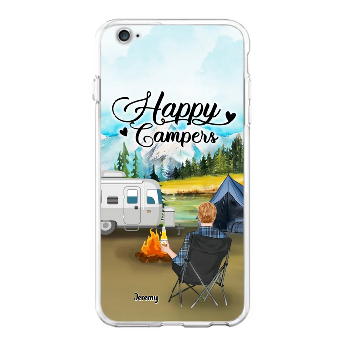 Personalized Camping Phone Case- Single Parent/ Couple With Upto 3 Dogs - Happy Campers - Phone Case For iPhone And Samsung