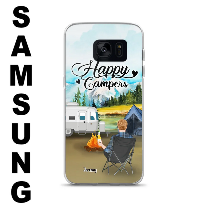 Personalized Camping Phone Case- Single Parent/ Couple With Upto 3 Dogs - Happy Campers - Phone Case For iPhone And Samsung