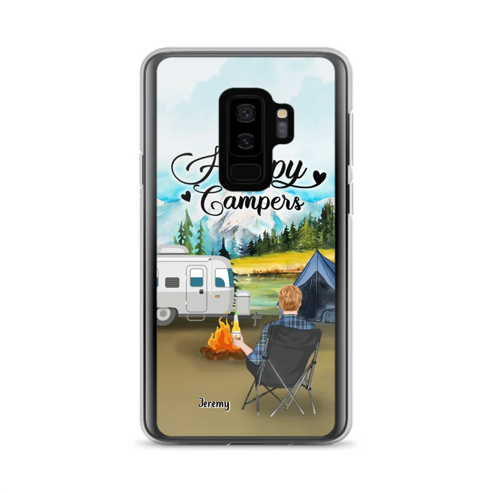 Personalized Camping Phone Case- Single Parent/ Couple With Upto 3 Dogs - Happy Campers - Phone Case For iPhone And Samsung