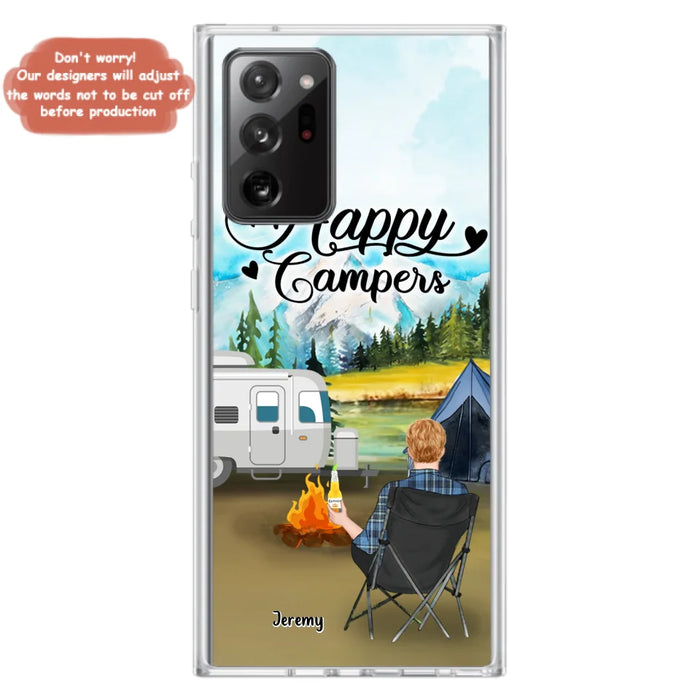 Personalized Camping Phone Case- Single Parent/ Couple With Upto 3 Dogs - Happy Campers - Phone Case For iPhone And Samsung