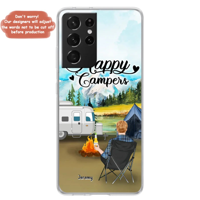 Personalized Camping Phone Case- Single Parent/ Couple With Upto 3 Dogs - Happy Campers - Phone Case For iPhone And Samsung