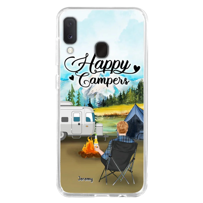 Personalized Camping Phone Case- Single Parent/ Couple With Upto 3 Dogs - Happy Campers - Phone Case For iPhone And Samsung