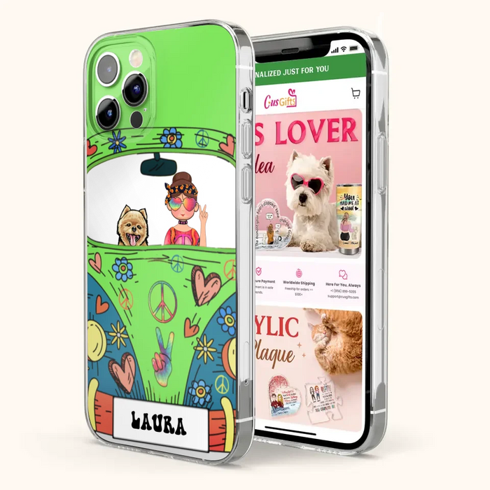 Custom Personalized Hippie Girl Phone Case - Girl with up to 3 Pets - Case for iPhone, Samsung and Xiaomi