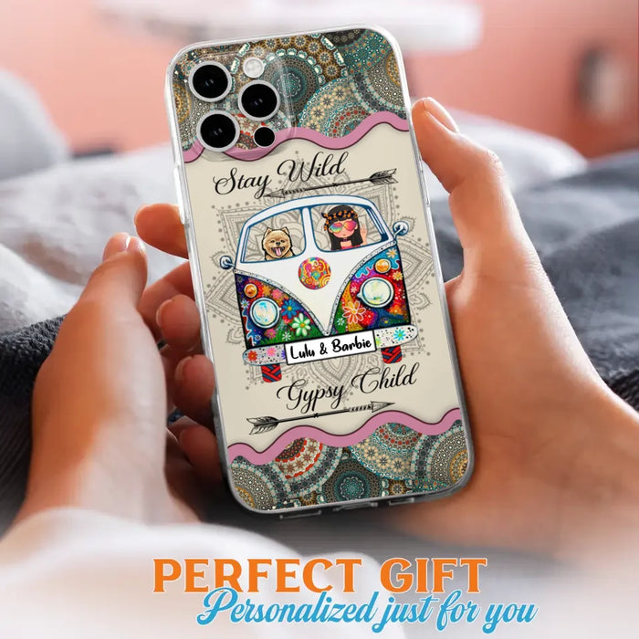 Personalized Hippie Phone Case - Girl with up to 3 Pets - Stay wild gypsy child