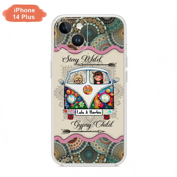 Personalized Hippie Phone Case - Girl with up to 3 Pets - Stay wild gypsy child