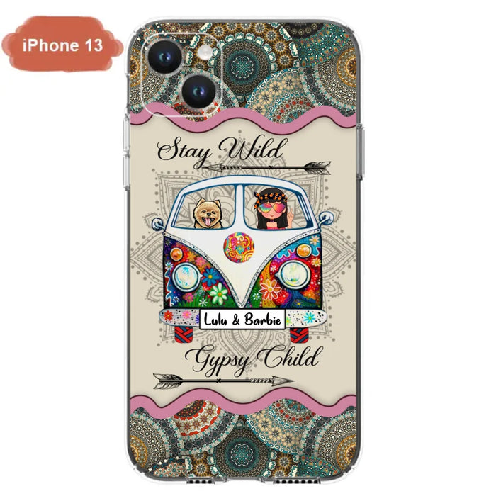 Personalized Hippie Phone Case - Girl with up to 3 Pets - Stay wild gypsy child