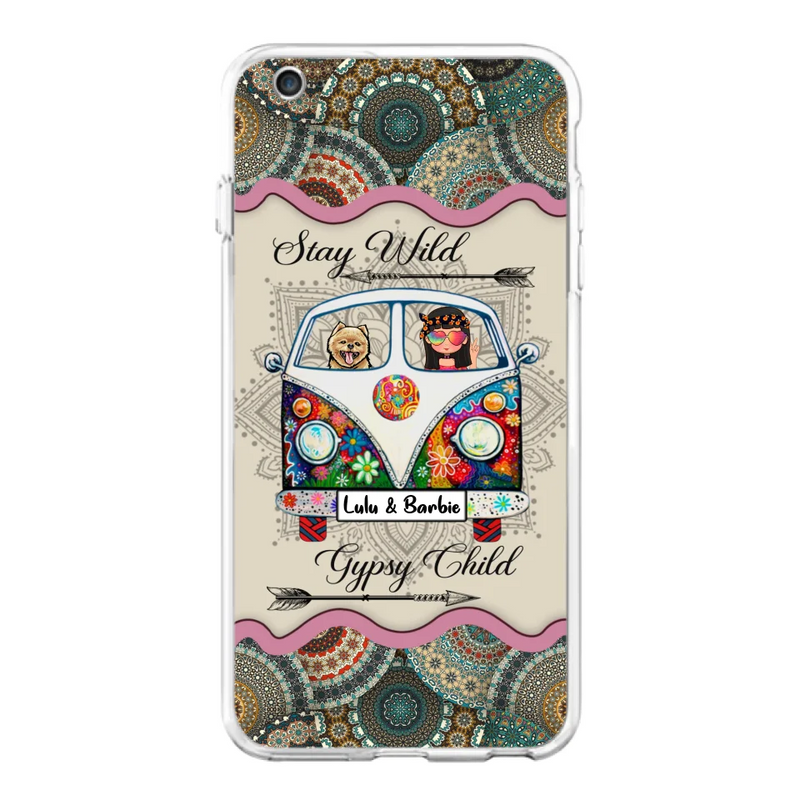 Personalized Hippie Phone Case - Girl with up to 3 Pets - Stay wild gypsy child