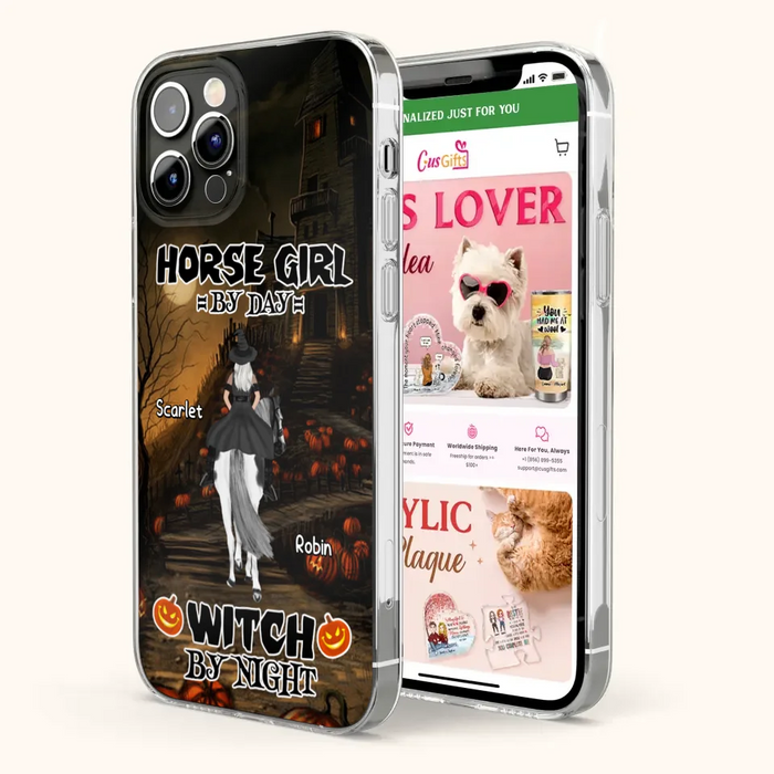 Custom Personalized Witch Riding Horse Phone Case - Halloween Gift For Horse Lovers/ Friends/ Besties - Upto 4 Girls - Horse Girl By Day Witch By Night - Case For iPhone And Samsung