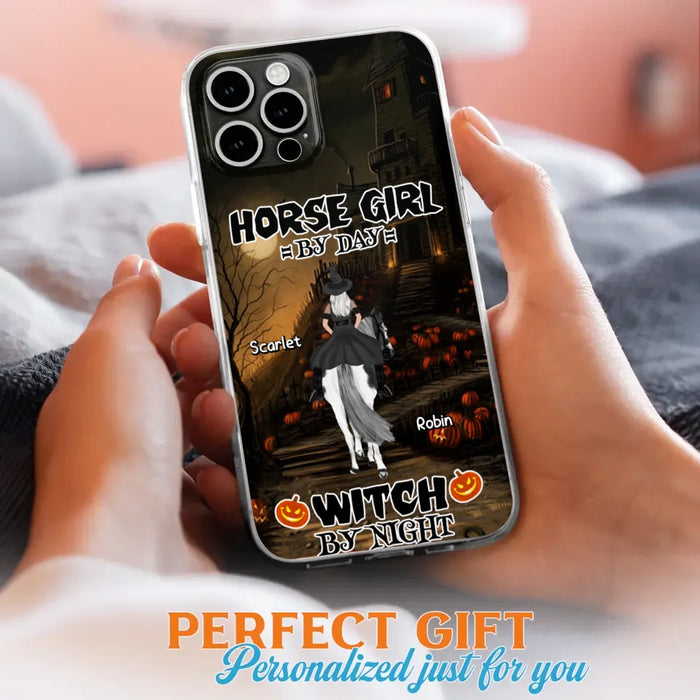 Custom Personalized Witch Riding Horse Phone Case - Halloween Gift For Horse Lovers/ Friends/ Besties - Upto 4 Girls - Horse Girl By Day Witch By Night - Case For iPhone And Samsung