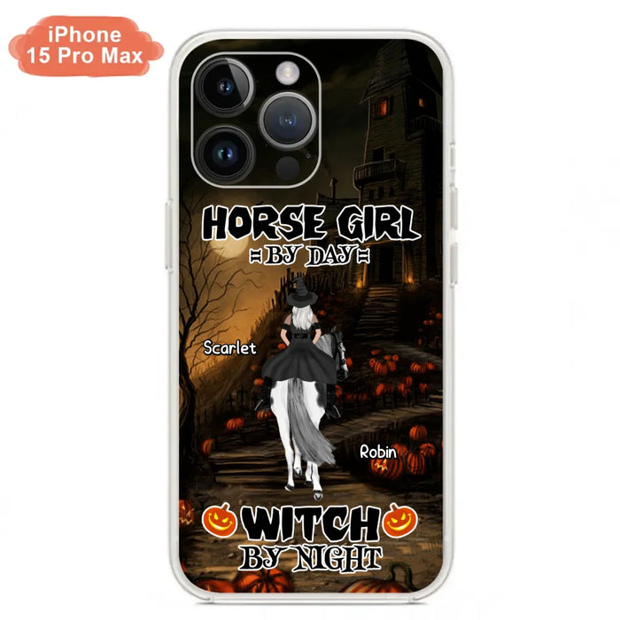 Custom Personalized Witch Riding Horse Phone Case - Halloween Gift For Horse Lovers/ Friends/ Besties - Upto 4 Girls - Horse Girl By Day Witch By Night - Case For iPhone And Samsung