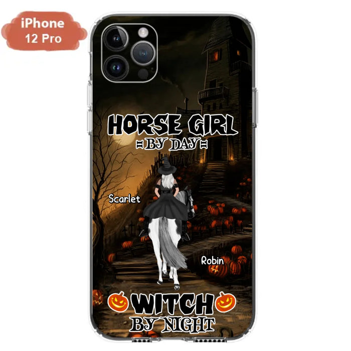 Custom Personalized Witch Riding Horse Phone Case - Halloween Gift For Horse Lovers/ Friends/ Besties - Upto 4 Girls - Horse Girl By Day Witch By Night - Case For iPhone And Samsung