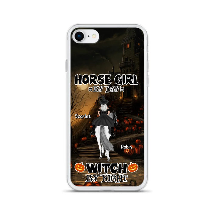 Custom Personalized Witch Riding Horse Phone Case - Halloween Gift For Horse Lovers/ Friends/ Besties - Upto 4 Girls - Horse Girl By Day Witch By Night - Case For iPhone And Samsung