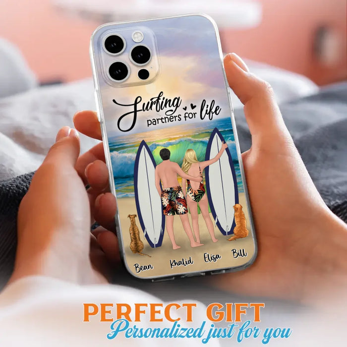 Custom Personalized Surfing Phone Case - Couple And 2 Pets - Phone Case For iPhone and Samsung - Surfing Partners For Life - CCS180