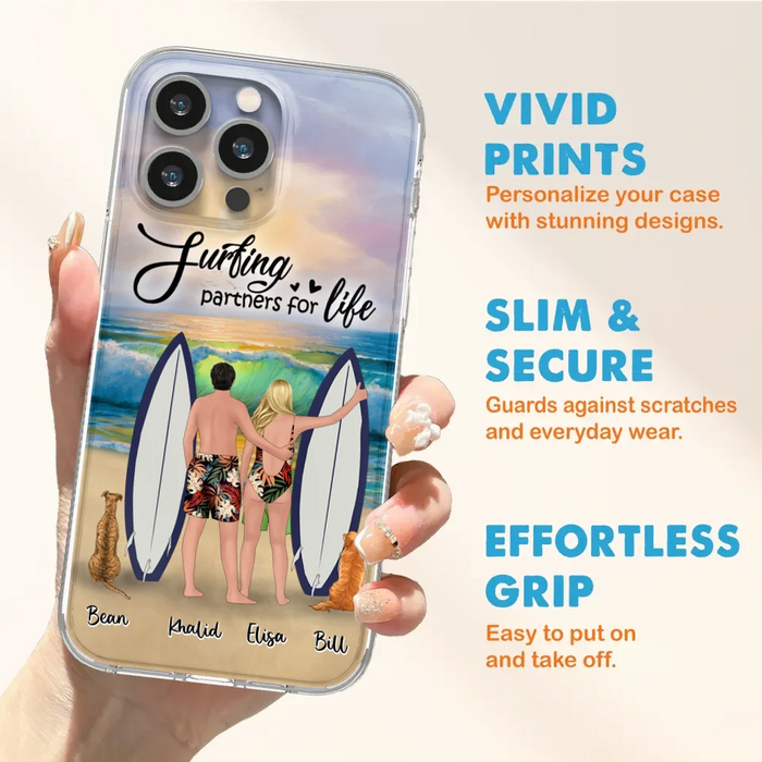 Custom Personalized Surfing Phone Case - Couple And 2 Pets - Phone Case For iPhone and Samsung - Surfing Partners For Life - CCS180