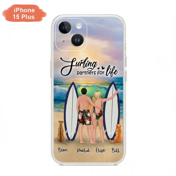 Custom Personalized Surfing Phone Case - Couple And 2 Pets - Phone Case For iPhone and Samsung - Surfing Partners For Life - CCS180