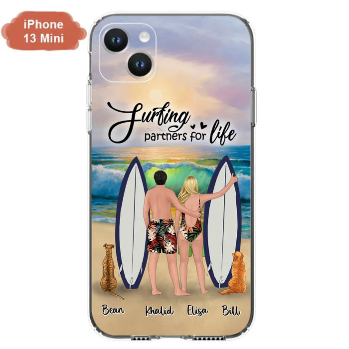 Custom Personalized Surfing Phone Case - Couple And 2 Pets - Phone Case For iPhone and Samsung - Surfing Partners For Life - CCS180