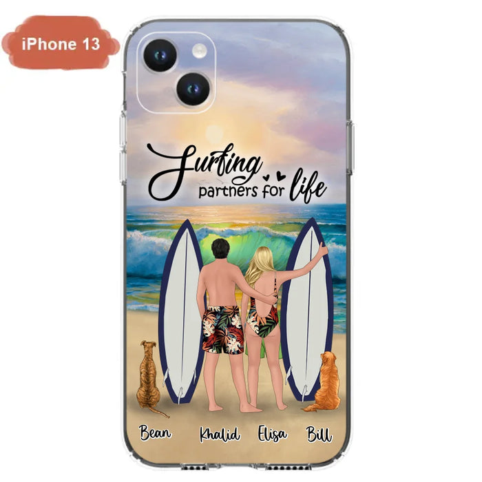 Custom Personalized Surfing Phone Case - Couple And 2 Pets - Phone Case For iPhone and Samsung - Surfing Partners For Life - CCS180