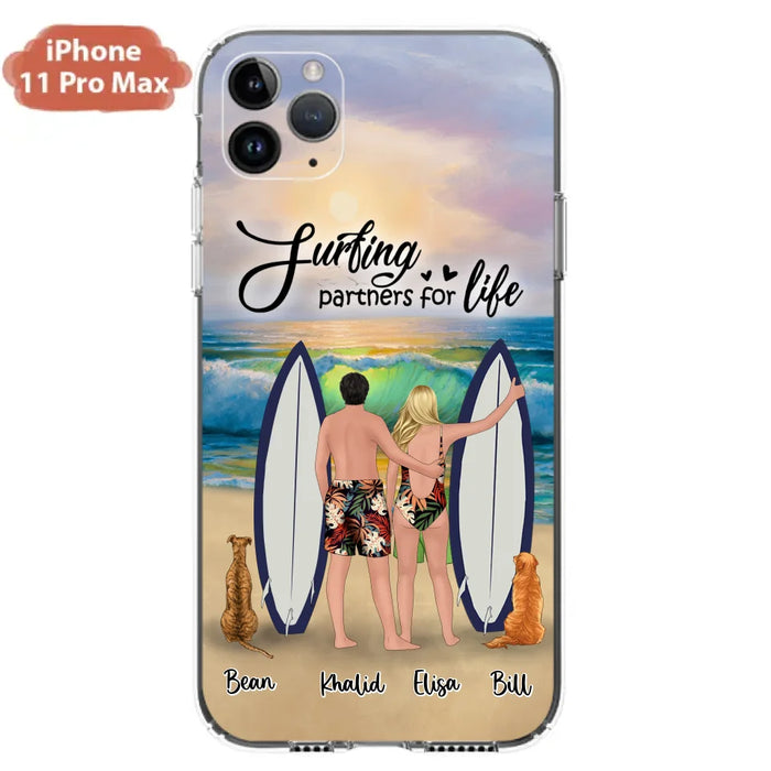 Custom Personalized Surfing Phone Case - Couple And 2 Pets - Phone Case For iPhone and Samsung - Surfing Partners For Life - CCS180