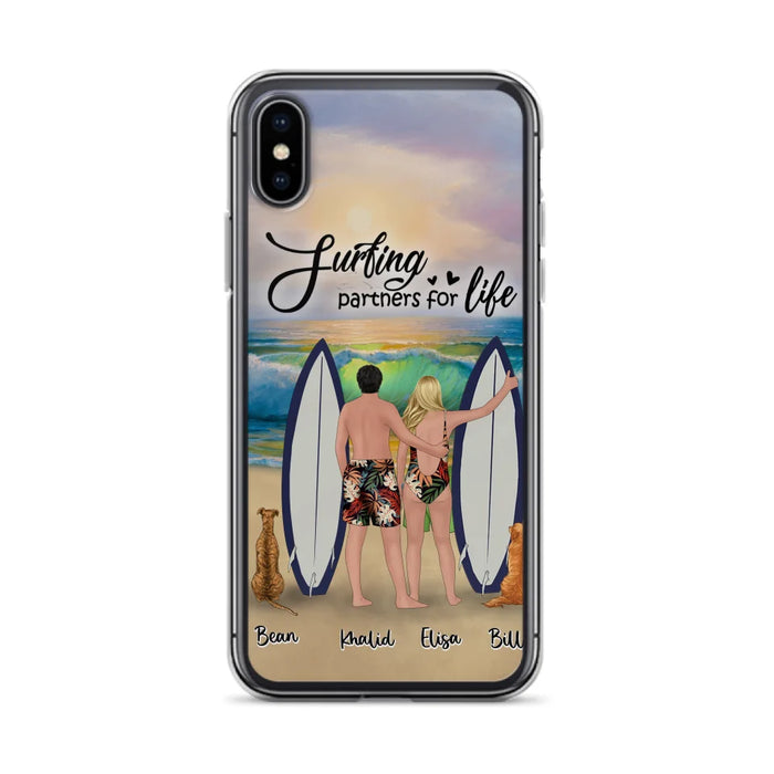 Custom Personalized Surfing Phone Case - Couple And 2 Pets - Phone Case For iPhone and Samsung - Surfing Partners For Life - CCS180