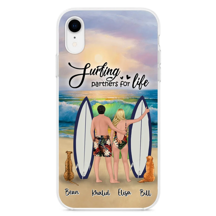 Custom Personalized Surfing Phone Case - Couple And 2 Pets - Phone Case For iPhone and Samsung - Surfing Partners For Life - CCS180