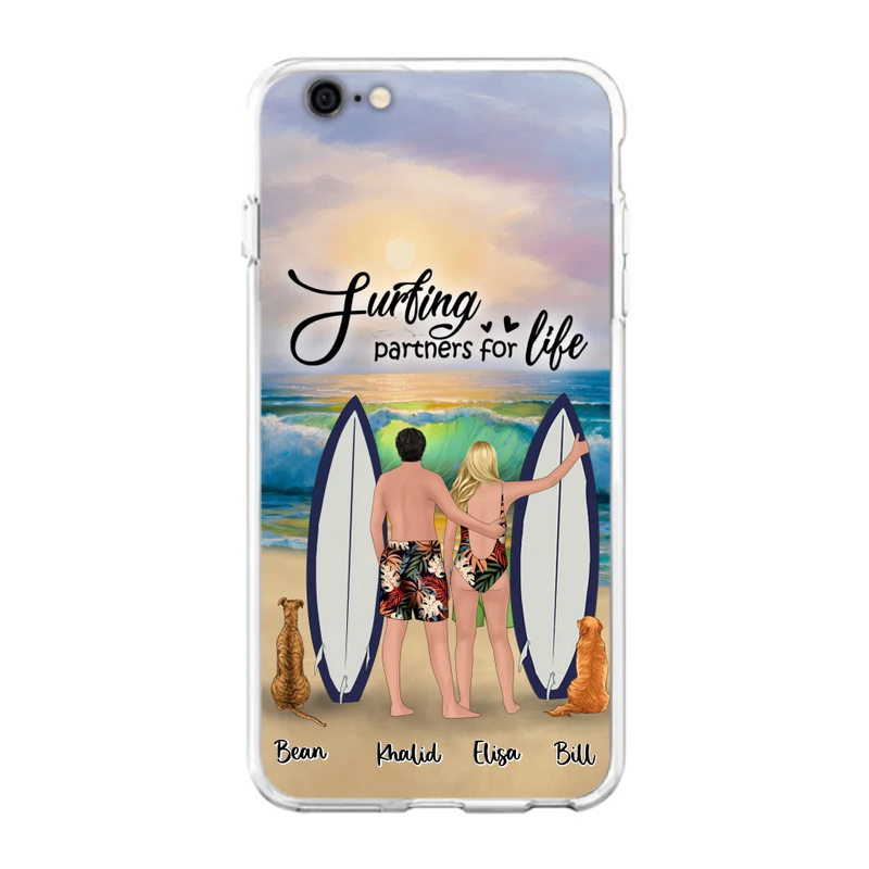 Custom Personalized Surfing Phone Case - Couple And 2 Pets - Phone Case For iPhone and Samsung - Surfing Partners For Life - CCS180