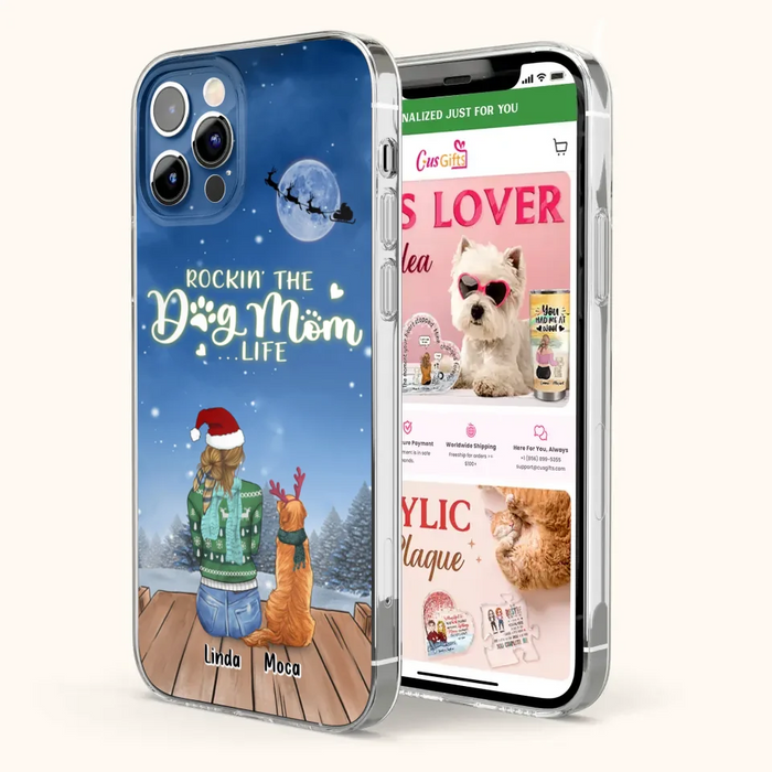 Custom Personalized Christmas Dog Mom Phone Case - Upto 5 Dogs - Gift Idea For Dog Lover/ Dog Mom - Rockin' The Dog Mom Life - Case For iPhone And Samsung