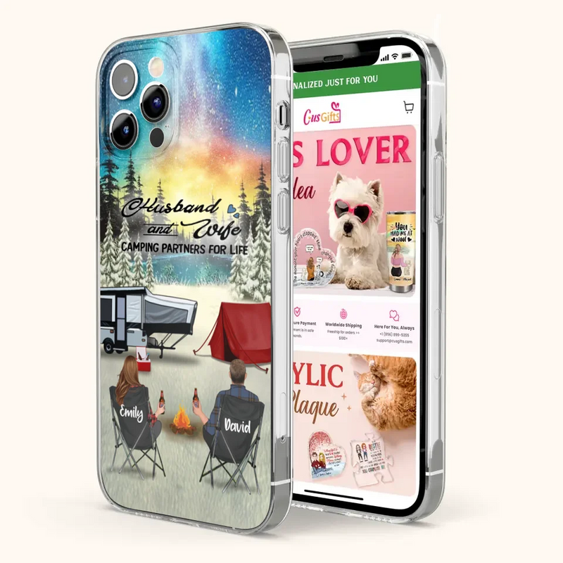 Custom Personalized Camping Xmas Phone Case - Christmas Gift For Camping Family/Couple/Single Parent/Solo - Upto 3 Kids and 4 Pets - Husband And Wife Camping Partners For Life - Case For iPhone And Samsung