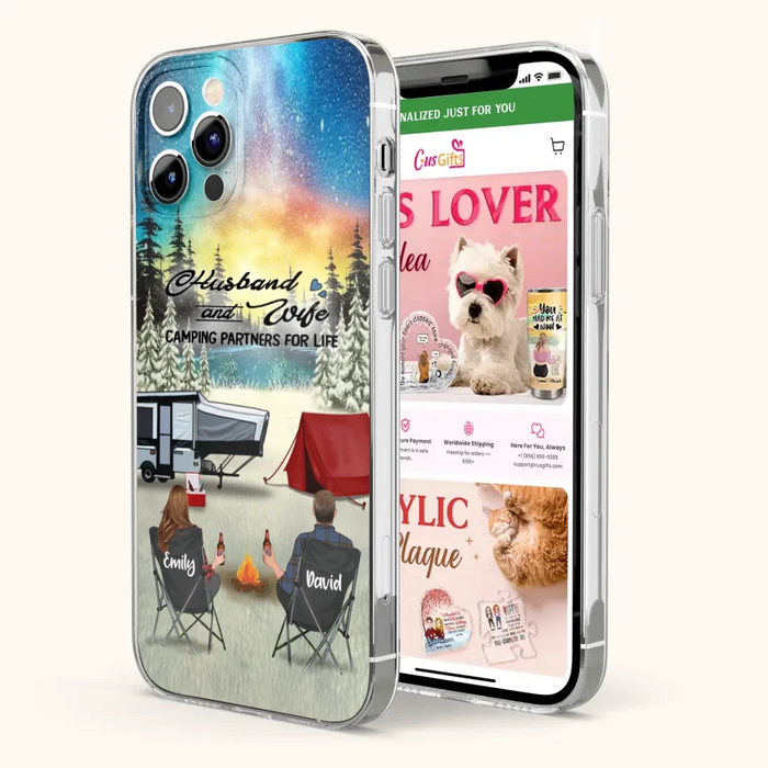 Custom Personalized Camping Xmas Phone Case - Christmas Gift For Camping Family/Couple/Single Parent/Solo - Upto 3 Kids and 4 Pets - Husband And Wife Camping Partners For Life - Case For iPhone And Samsung