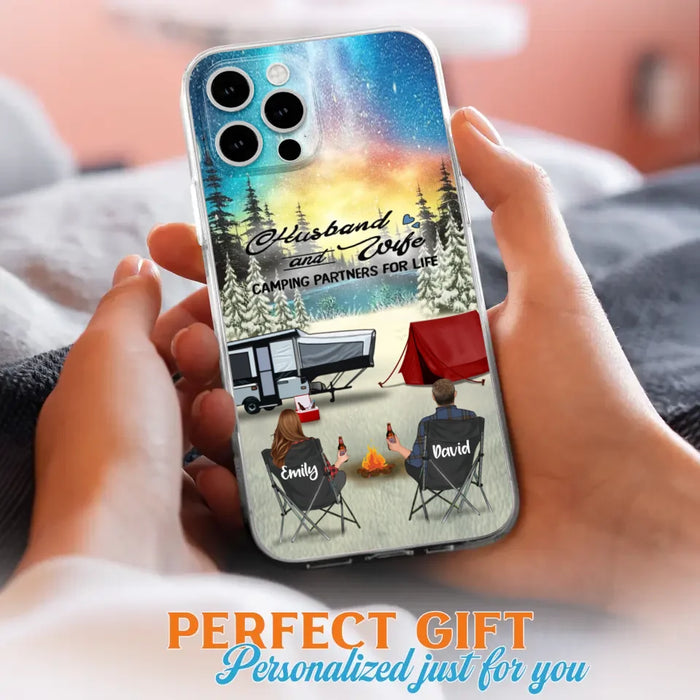 Custom Personalized Camping Xmas Phone Case - Christmas Gift For Camping Family/Couple/Single Parent/Solo - Upto 3 Kids and 4 Pets - Husband And Wife Camping Partners For Life - Case For iPhone And Samsung