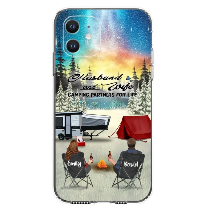 Custom Personalized Camping Xmas Phone Case - Christmas Gift For Camping Family/Couple/Single Parent/Solo - Upto 3 Kids and 4 Pets - Husband And Wife Camping Partners For Life - Case For iPhone And Samsung